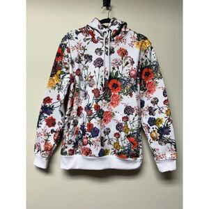 CRIMINAL DAMAGE LONDON White Floral Drawstring Hoodie, Pouch Pocket, Sz L